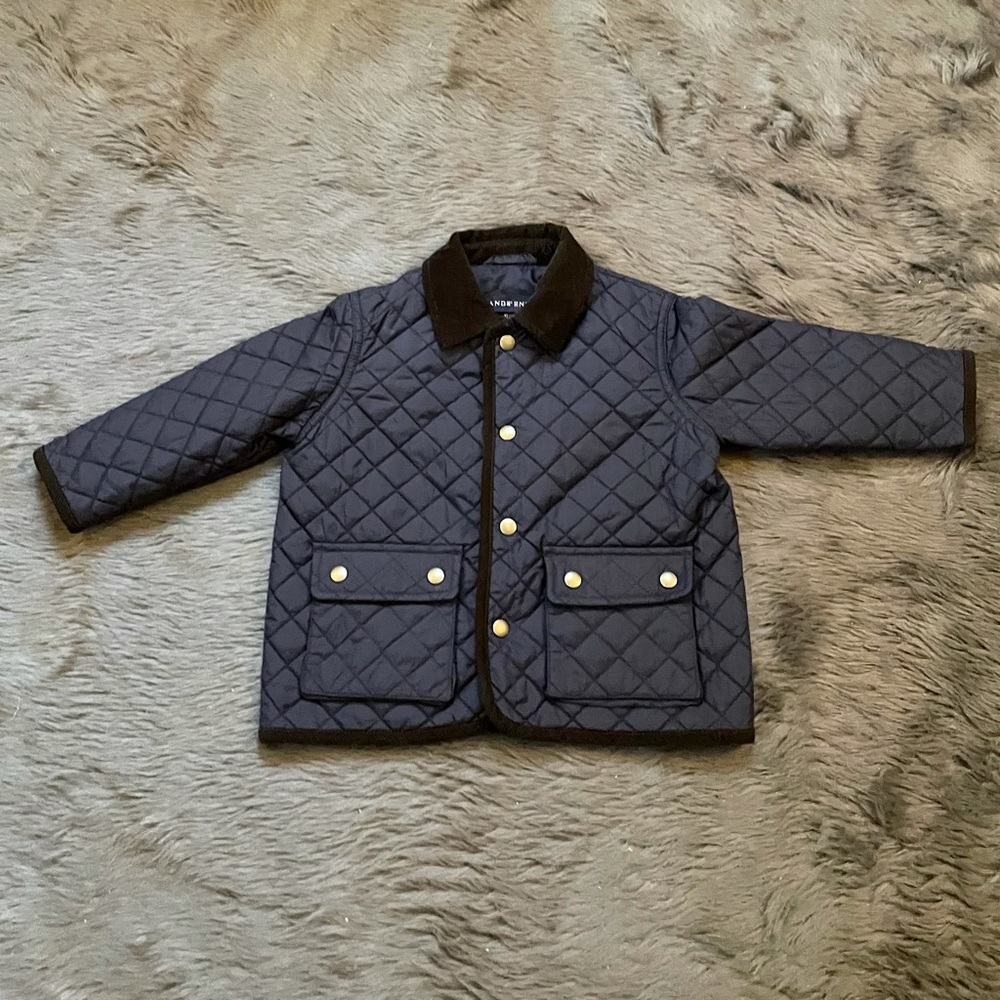 Lands End Toddler Quilted Elbow Pads Barn Jacket Navy Blue Brown Corduroy 2T EUC